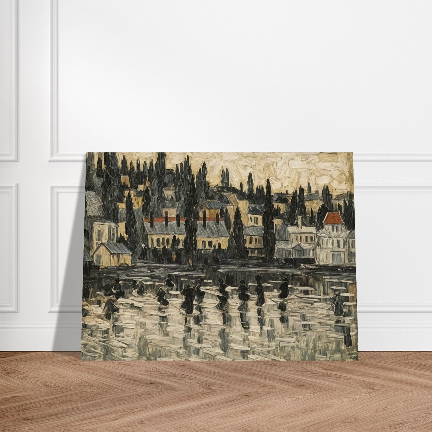 A textured painting of a serene townscape reflected on a misty lake, with tall trees and buildings set against a soft, muted sky.