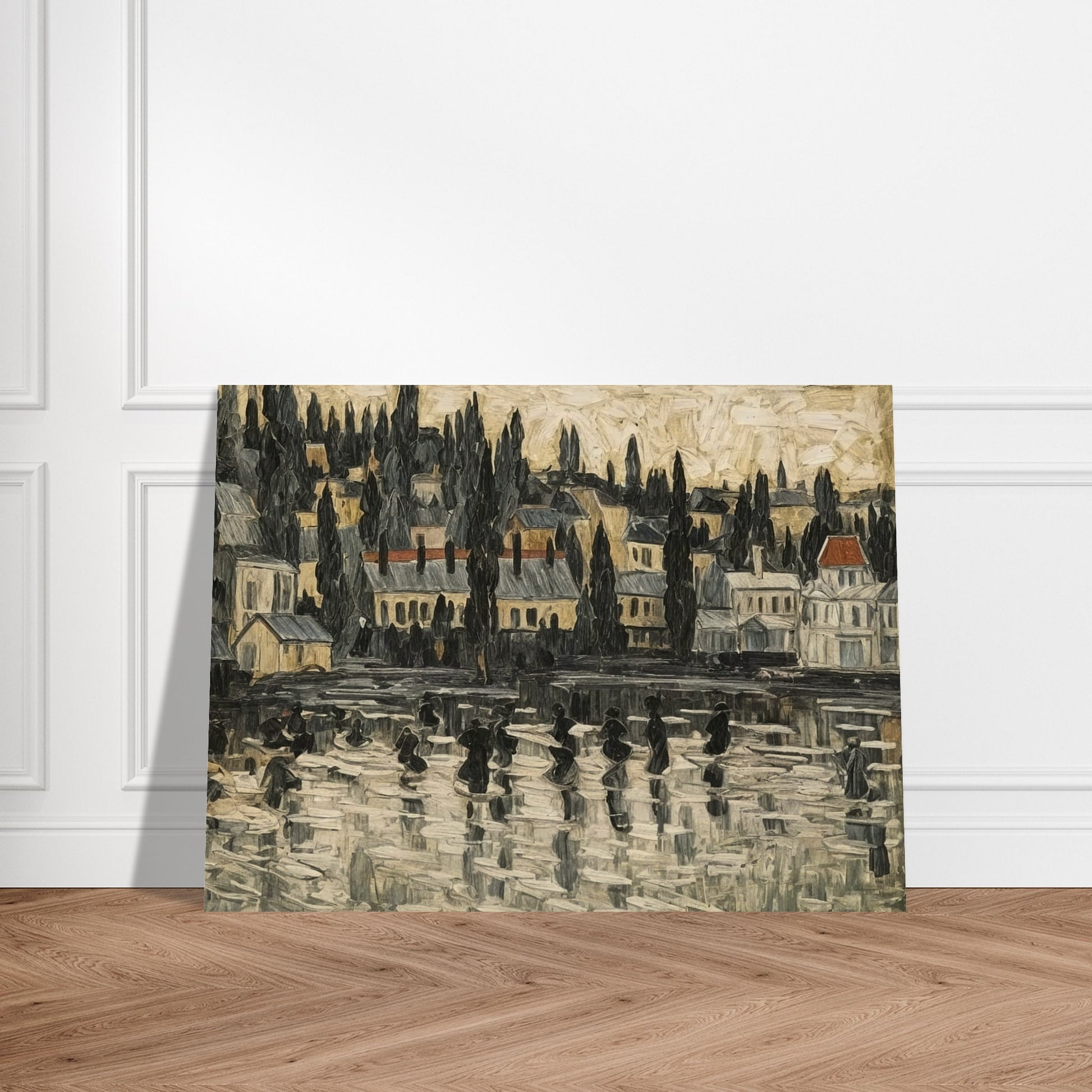 A textured painting of a serene townscape reflected on a misty lake, with tall trees and buildings set against a soft, muted sky.