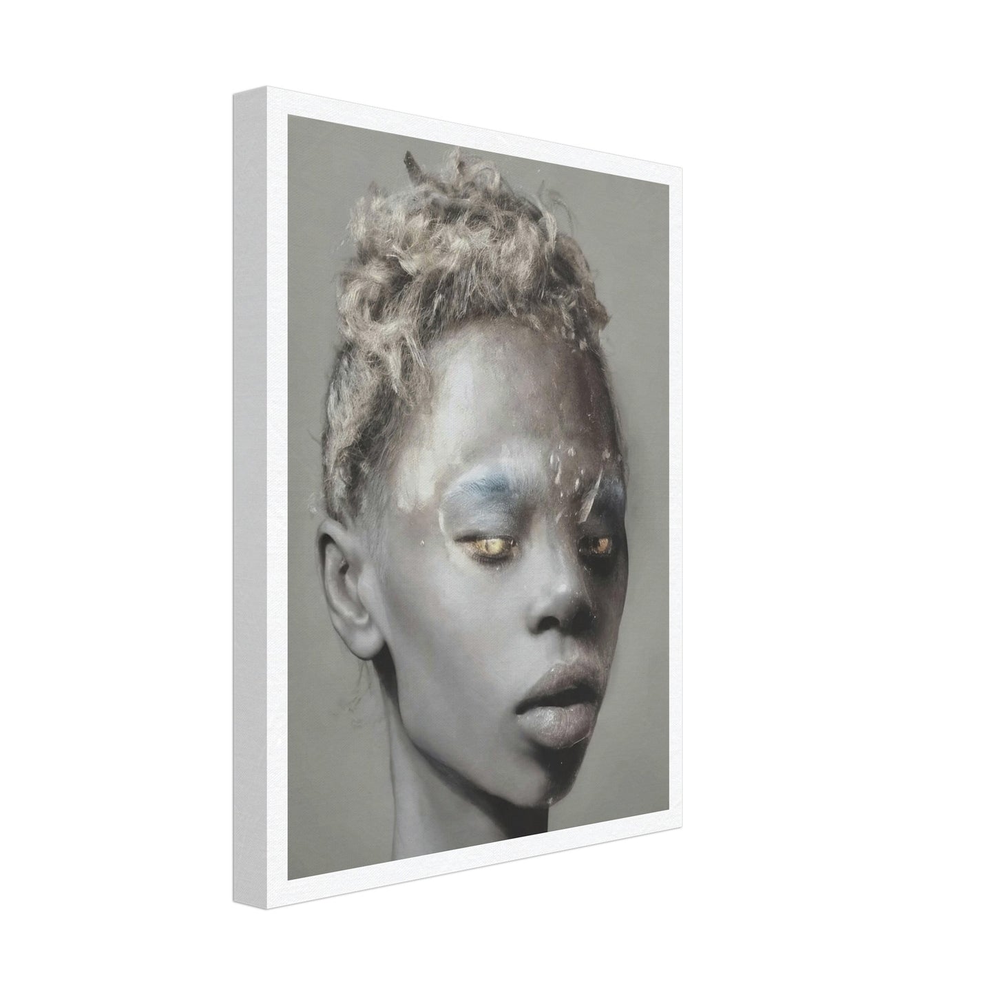 A powerful and ethereal portrait of a person with textured skin, golden eyes, and silvery hair, blending realism and surrealism to create a captivating and otherworldly appearance.