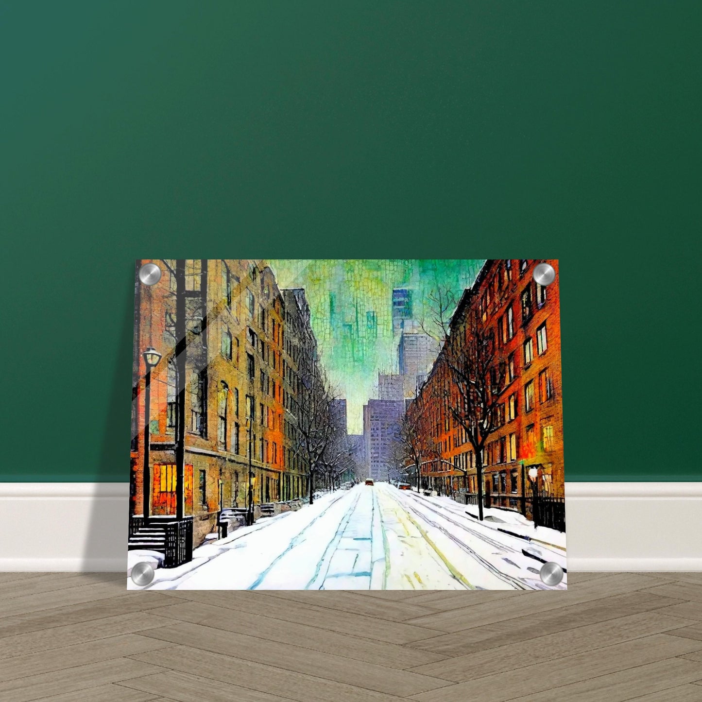 A quiet, snow-covered city street lined with tall buildings on either side, leading to a misty skyline of skyscrapers under a greenish winter sky, evoking peaceful urban solitude.
