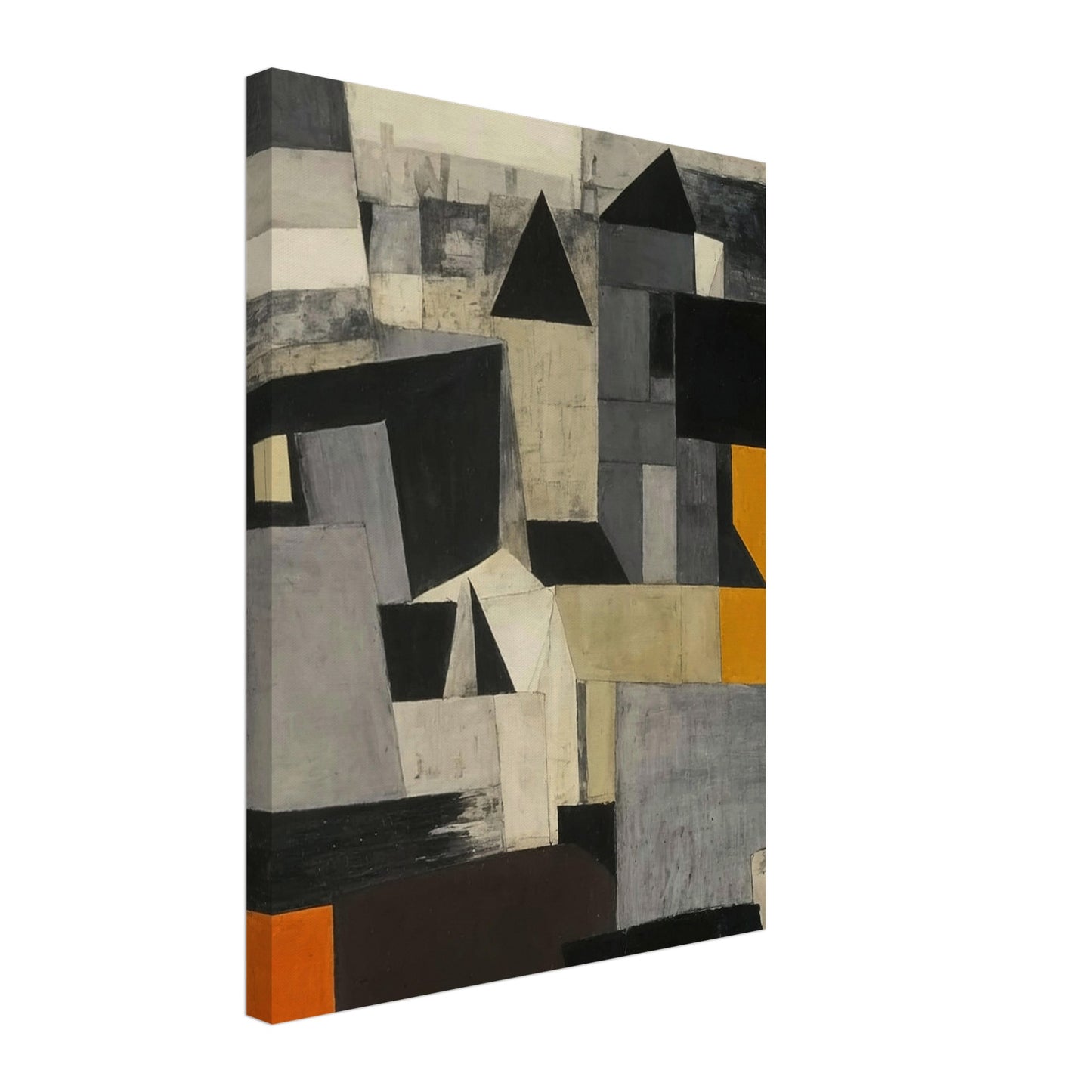 A dynamic composition of fragmented cityscape elements in shades of gray, black, and orange, creating an intriguing visual narrative.