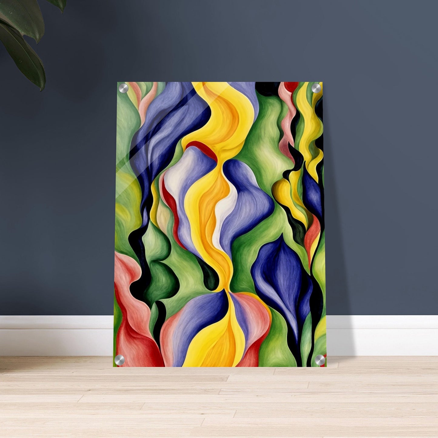 An abstract painting with vibrant, flowing shapes in hues of yellow, blue, green, and red, creating a dynamic and lively composition.
