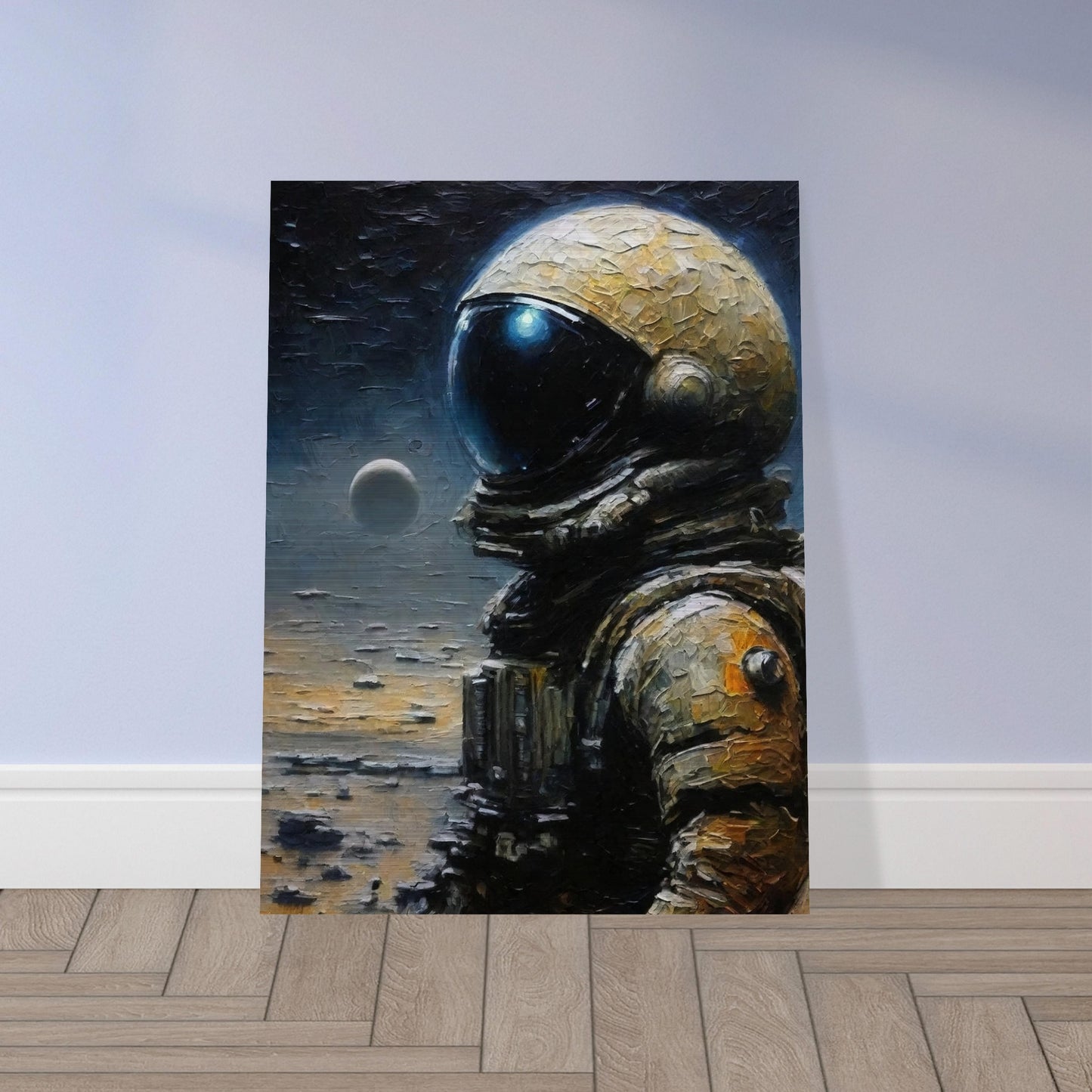 A detailed painting of an astronaut in a spacesuit standing on a lunar surface with a distant planet in the background.