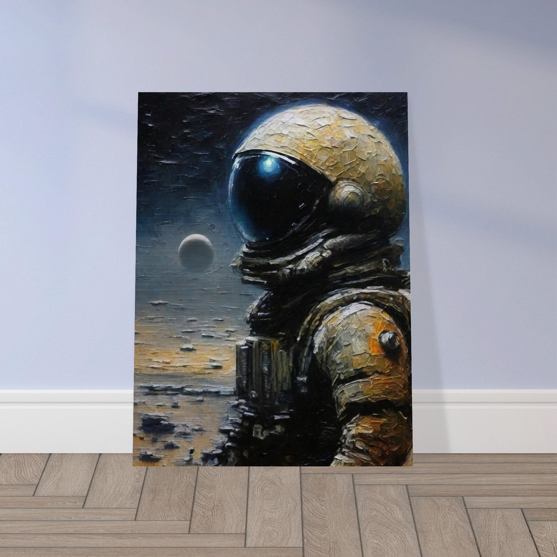 A detailed painting of an astronaut in a spacesuit standing on a lunar surface with a distant planet in the background.