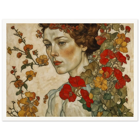 A portrait of a woman surrounded by vibrant flowers, capturing her serene expression and the delicate beauty of nature.