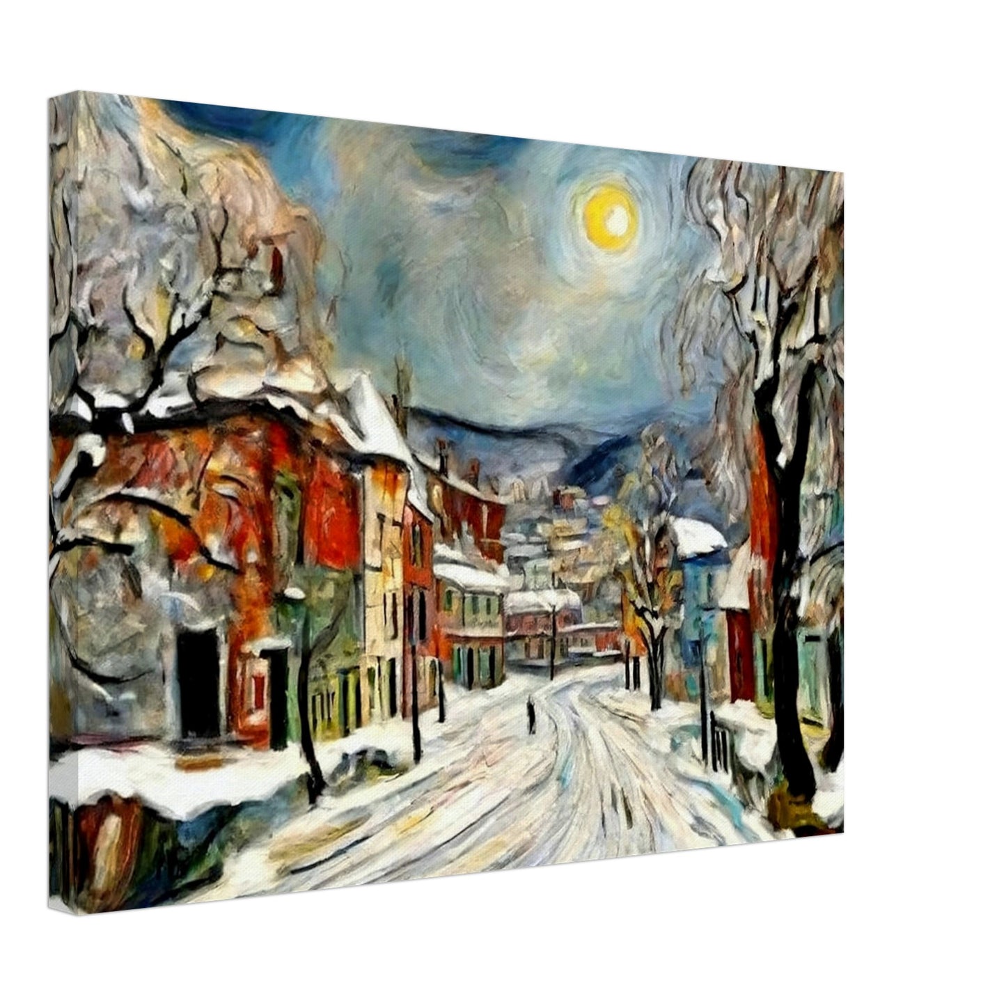 "A serene winter night scene with snow-covered streets and buildings under a glowing moon, framed by frosted trees in a quiet village."