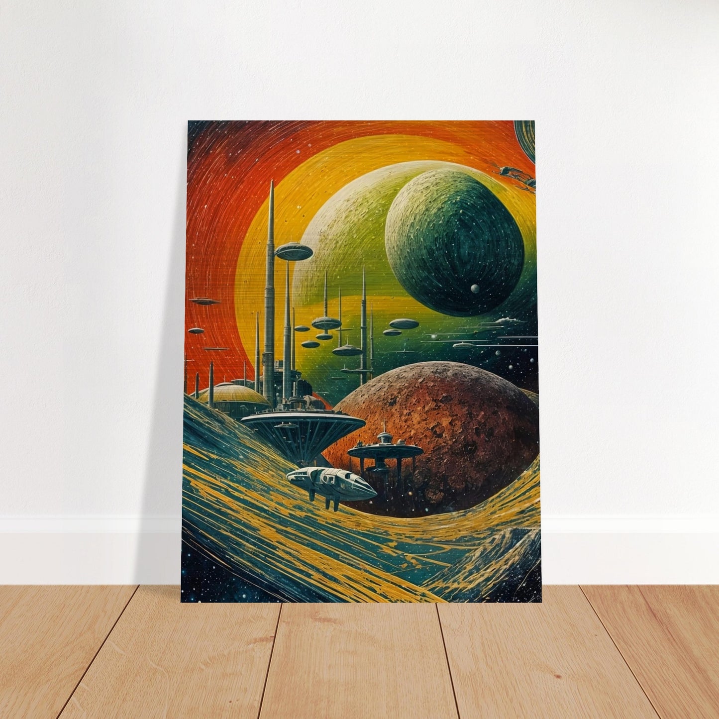A vivid depiction of a futuristic planetary system with towering structures and spacecraft amidst swirling cosmic landscapes, evoking a sense of exploration and wonder.