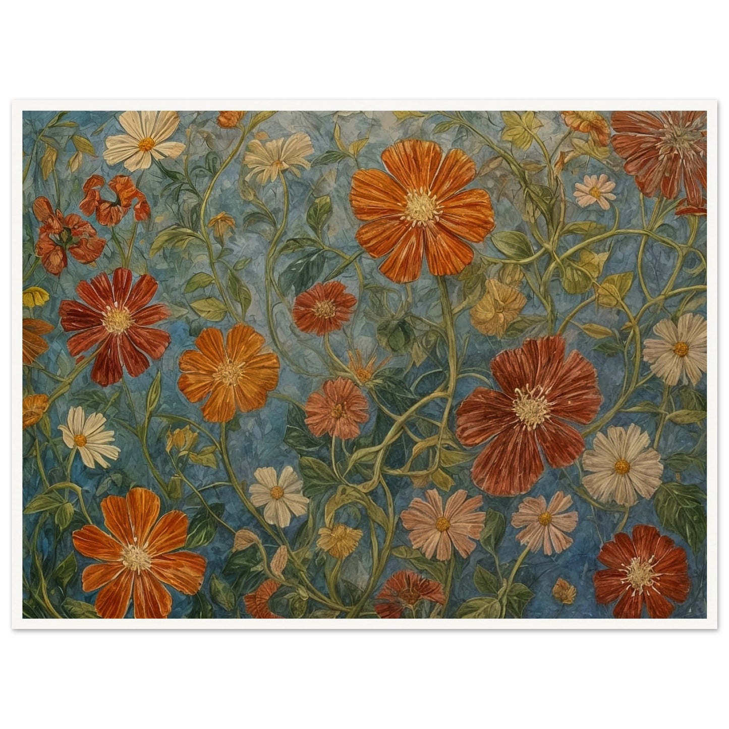 A detailed painting of various orange and white flowers with lush green stems against a blue background.