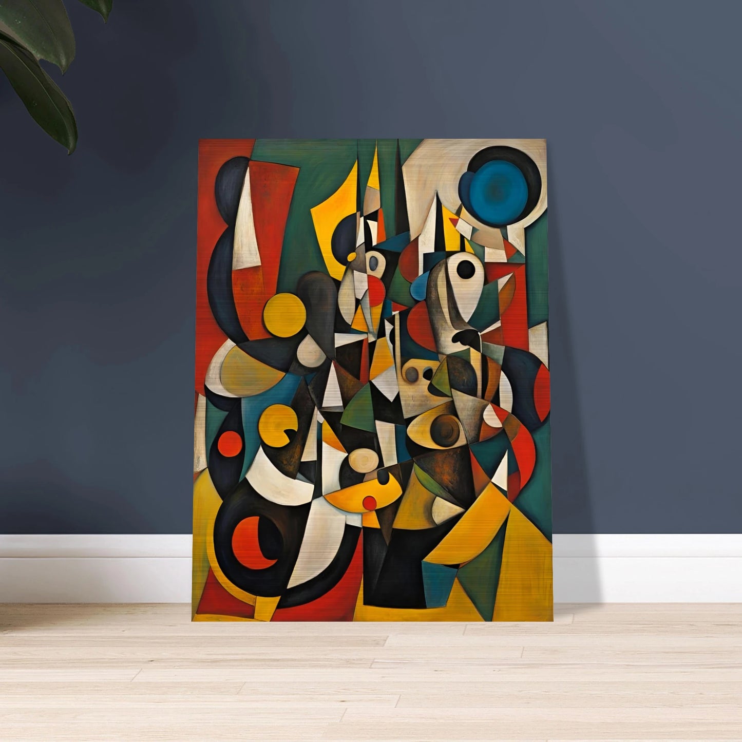 A vivid cubist-inspired painting with fragmented shapes, bold colors, and layered geometric forms that evoke human silhouettes and movement.