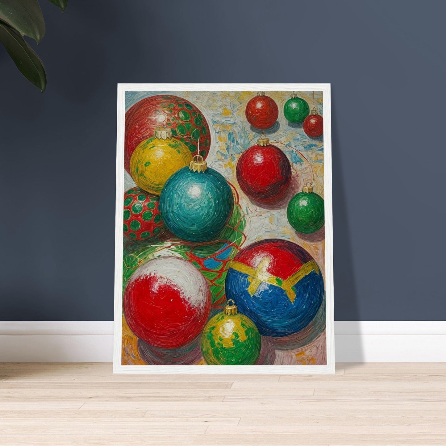 A collection of colorful Christmas ornaments in red, green, blue, and yellow, arranged in a playful and vibrant composition, evoking holiday cheer.