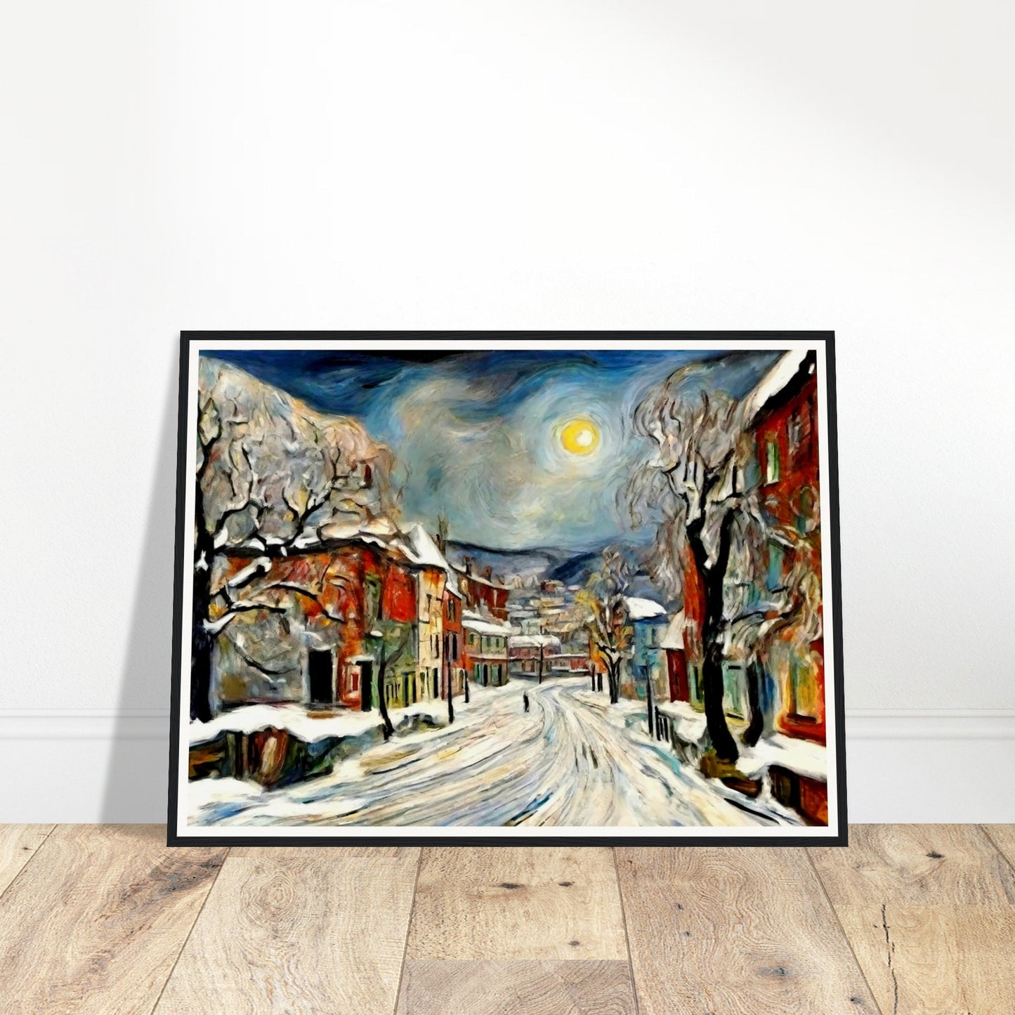 "A serene winter night scene with snow-covered streets and buildings under a glowing moon, framed by frosted trees in a quiet village."