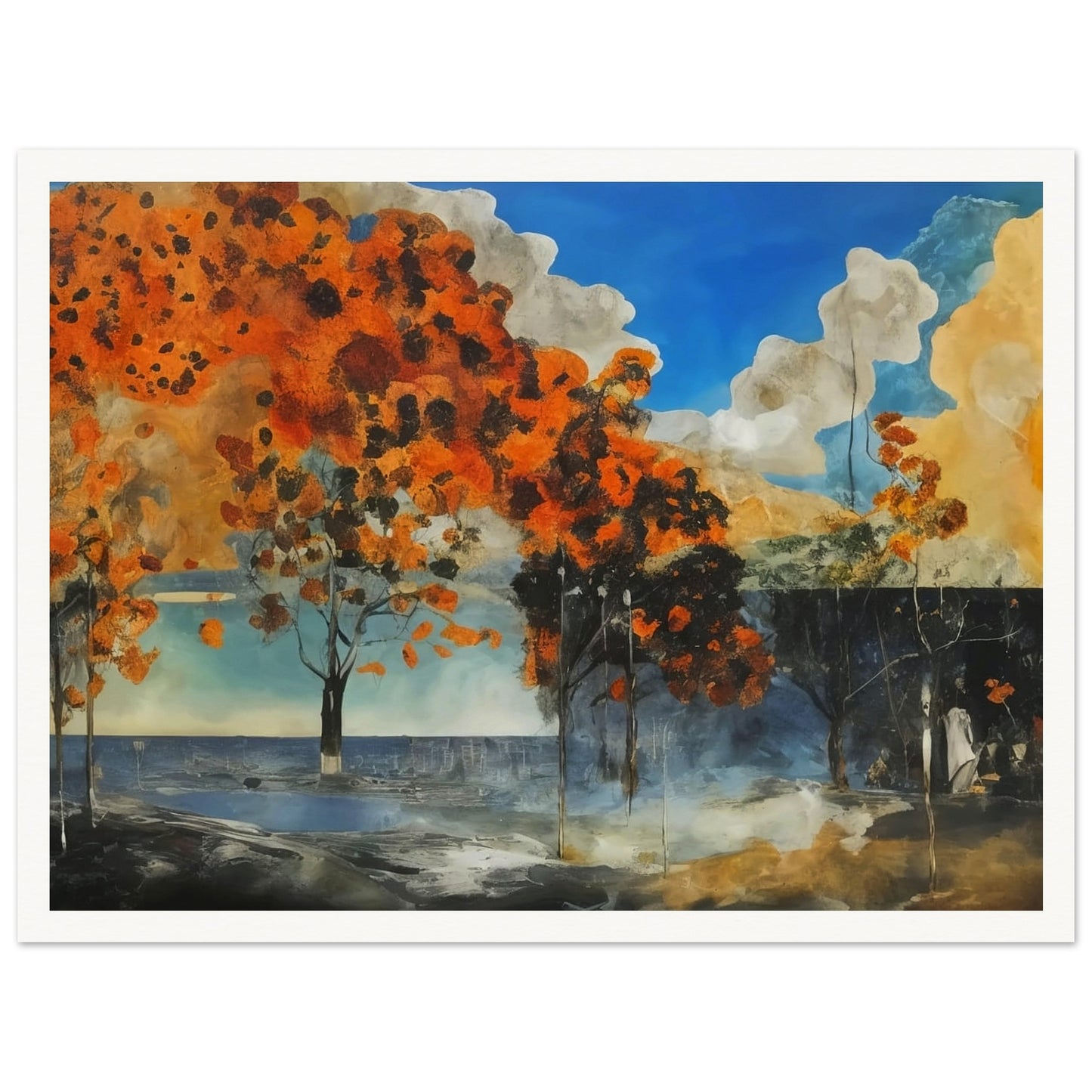A captivating painting of autumn trees with vibrant orange foliage set against a bright blue sky and dark, shadowy foreground.