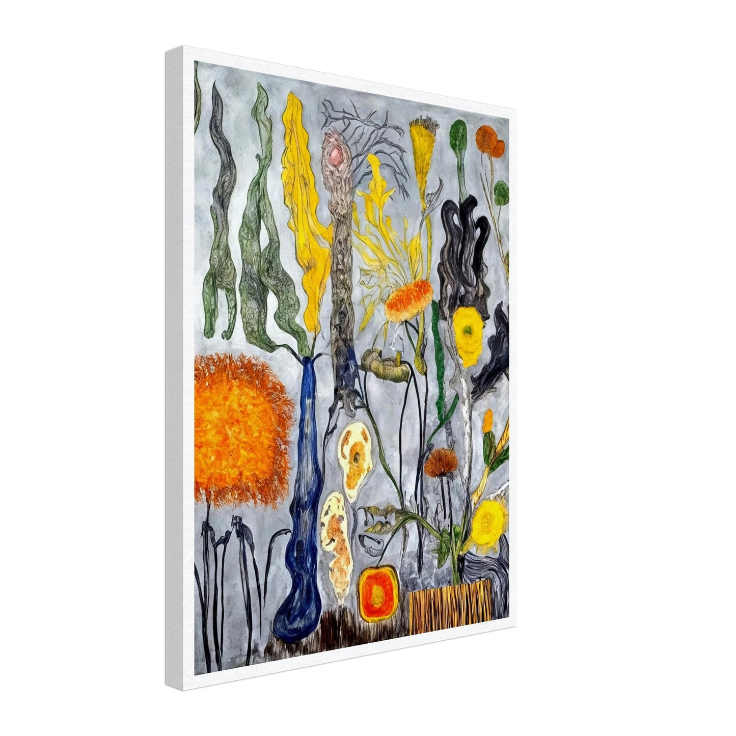 A surreal floral composition featuring abstract shapes and vibrant colors, with twisting, unusual stems and yellow, orange, and green flowers.