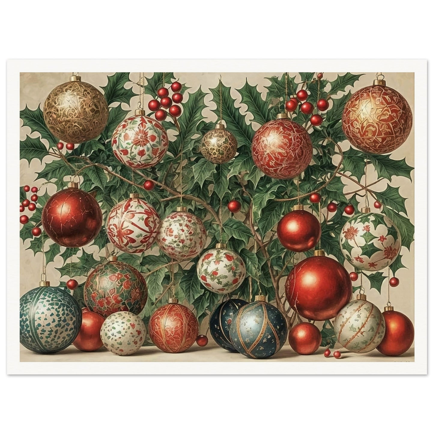 A collection of intricately designed Christmas ornaments in red, gold, and green, hanging from holly branches adorned with berries, creating a festive holiday scene.