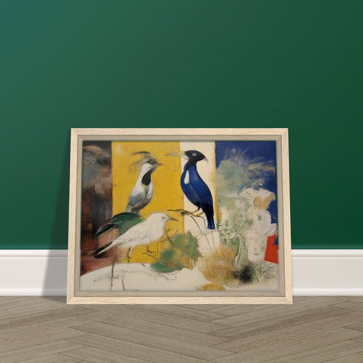 "A striking composition featuring three birds in front of bold color panels, with delicate sketches of plants and flowers surrounding them."