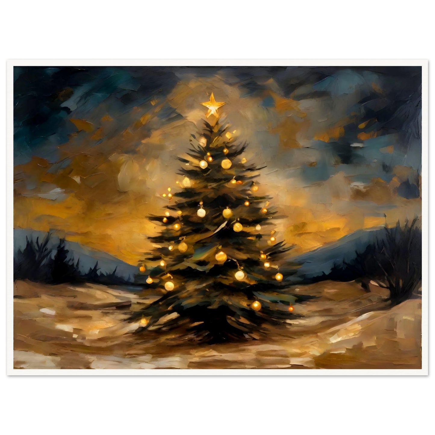 A glowing Christmas tree adorned with golden ornaments and a star topper, set against a dramatic evening sky and a snowy landscape.