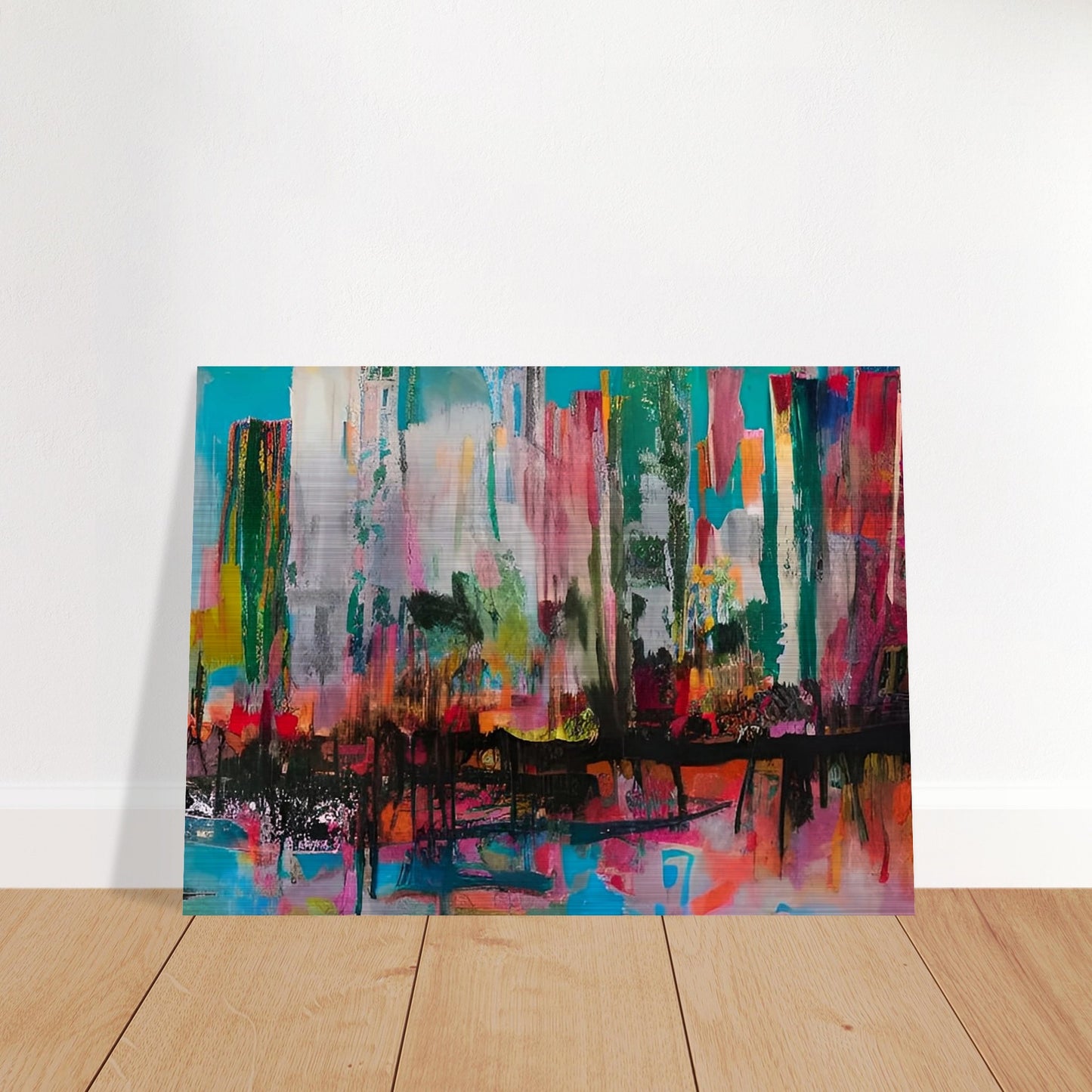 A vibrant cityscape with bold, abstract strokes of color, including teal, pink, red, and orange, creating a dynamic and energetic atmosphere.