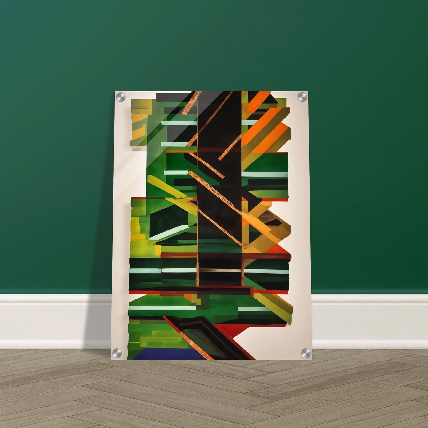 A dynamic and visually engaging abstract painting featuring a complex arrangement of geometric shapes and lines in green, black, orange, and yellow. Central focus on a large black vertical shape with intersecting diagonal and horizontal lines, creating depth and movement.