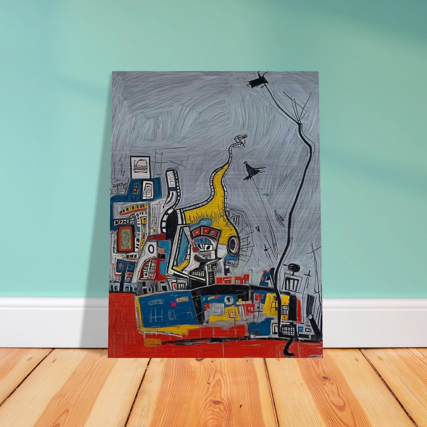 An abstract painting featuring a chaotic yet vibrant urban scene with geometric shapes and bold colors against a gray background.