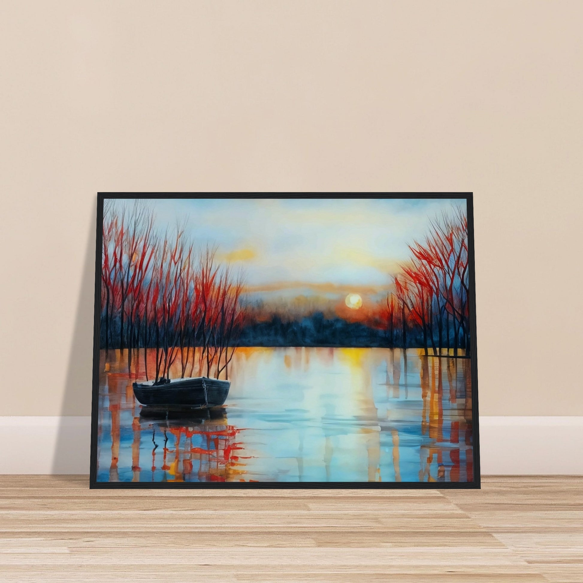 A tranquil lake at sunset with a small boat anchored near bare trees, reflecting the warm hues of the setting sun.