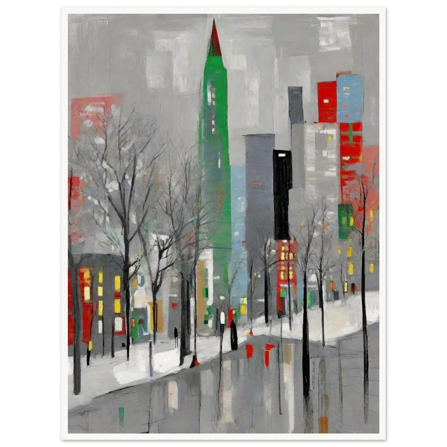 A modern winter cityscape featuring tall buildings in muted tones with pops of red and green, leafless trees, and snow-covered streets.