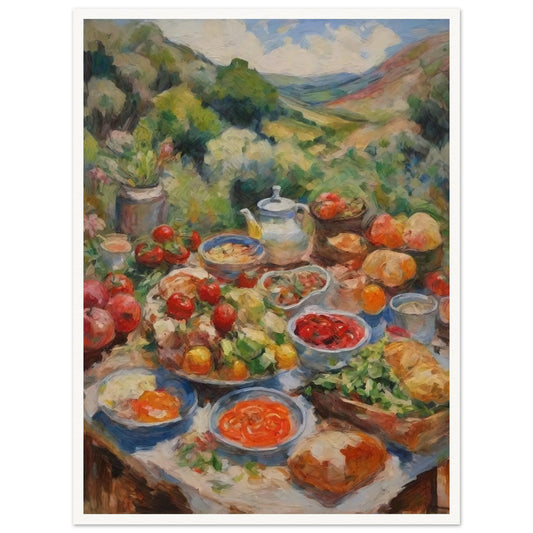 A vibrant outdoor feast set against a lush green hillside, filled with fresh vegetables, fruits, and bread on a rustic table.