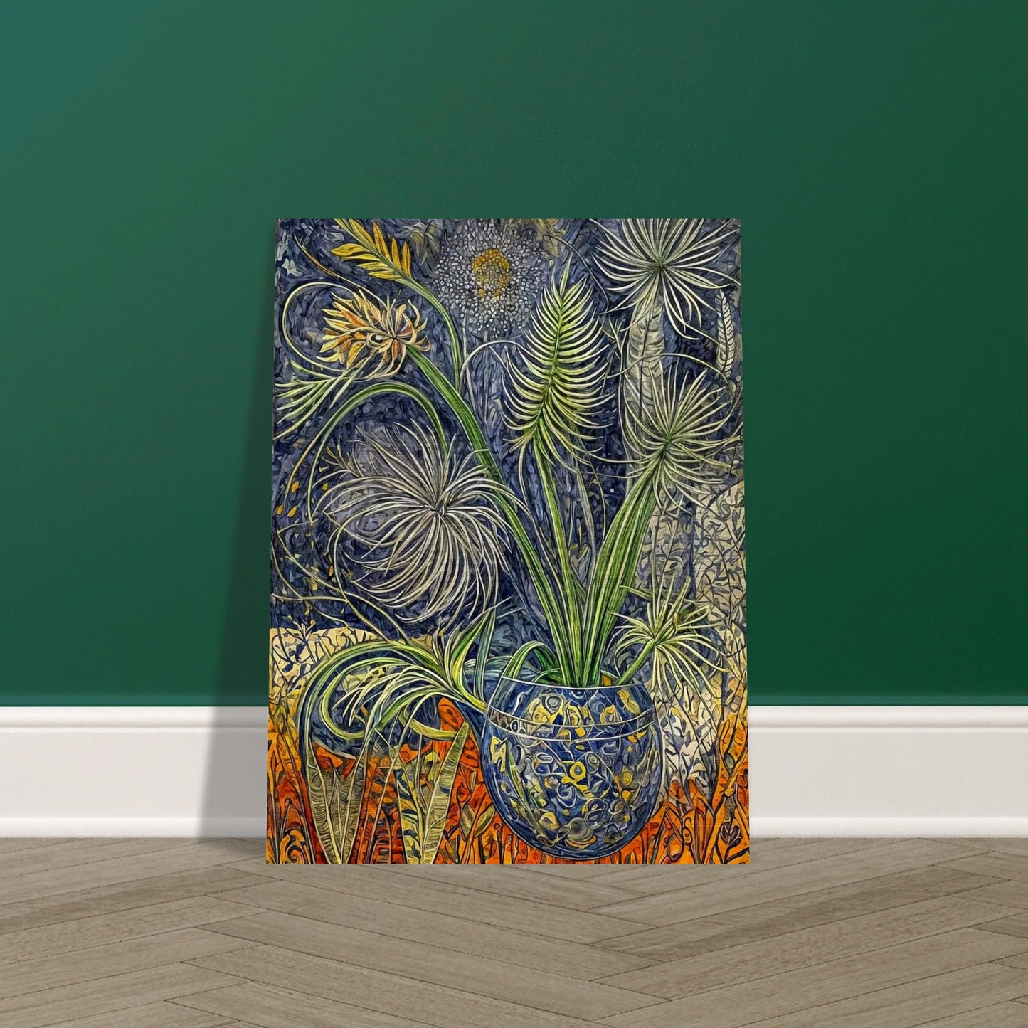An intricate painting of lush green plants in a patterned blue vase, surrounded by detailed foliage and vibrant orange accents in the background.