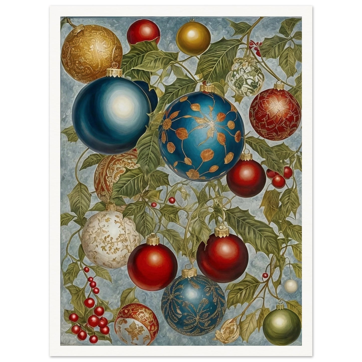 A beautiful arrangement of Christmas ornaments in blue, red, gold, and white, hanging from holly branches adorned with berries, showcasing intricate holiday designs.