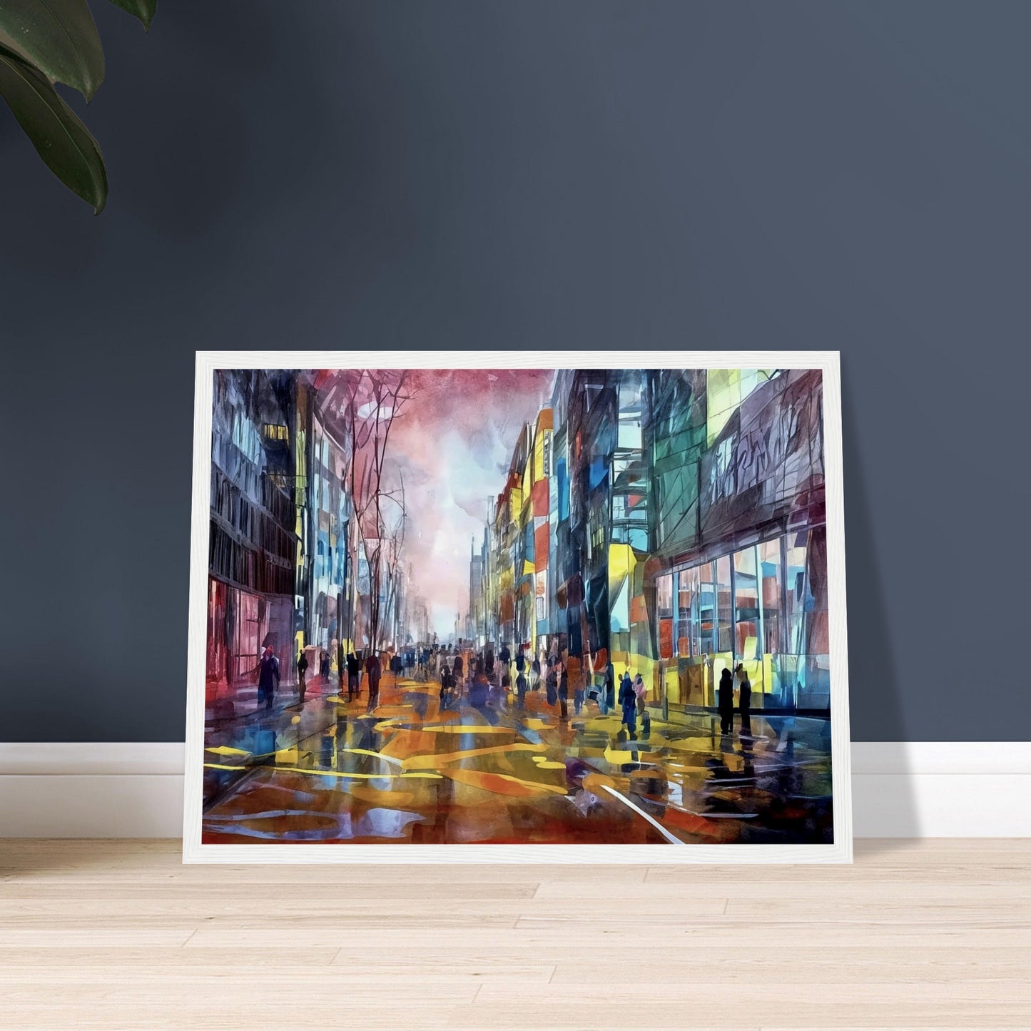 A colorful urban scene depicting people walking down a city street lined with tall buildings, illuminated by vibrant reflections of city lights and set against a dramatic sky.