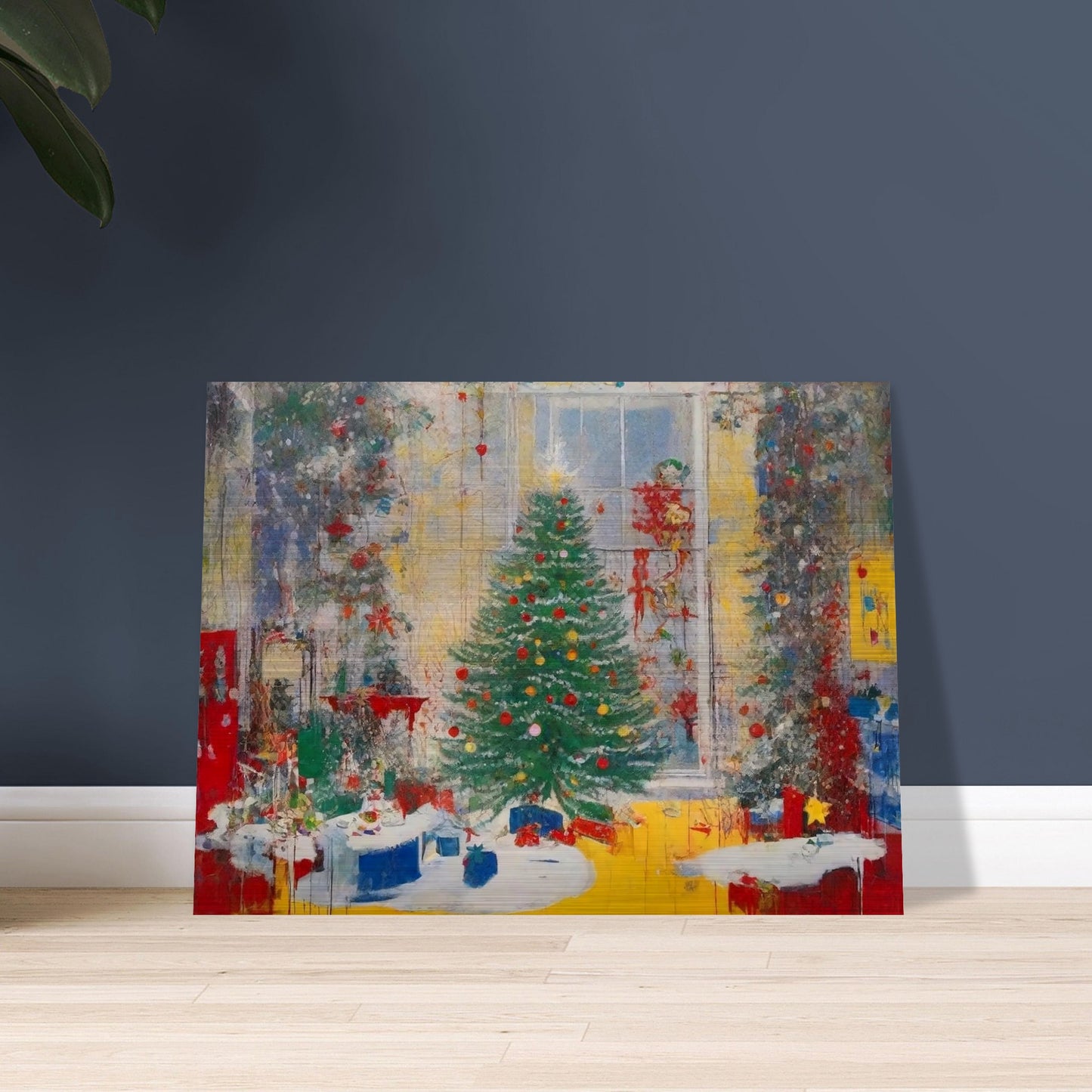A vibrant painting of a festive living room with a beautifully decorated Christmas tree, glowing lights, and wrapped presents by a large window.