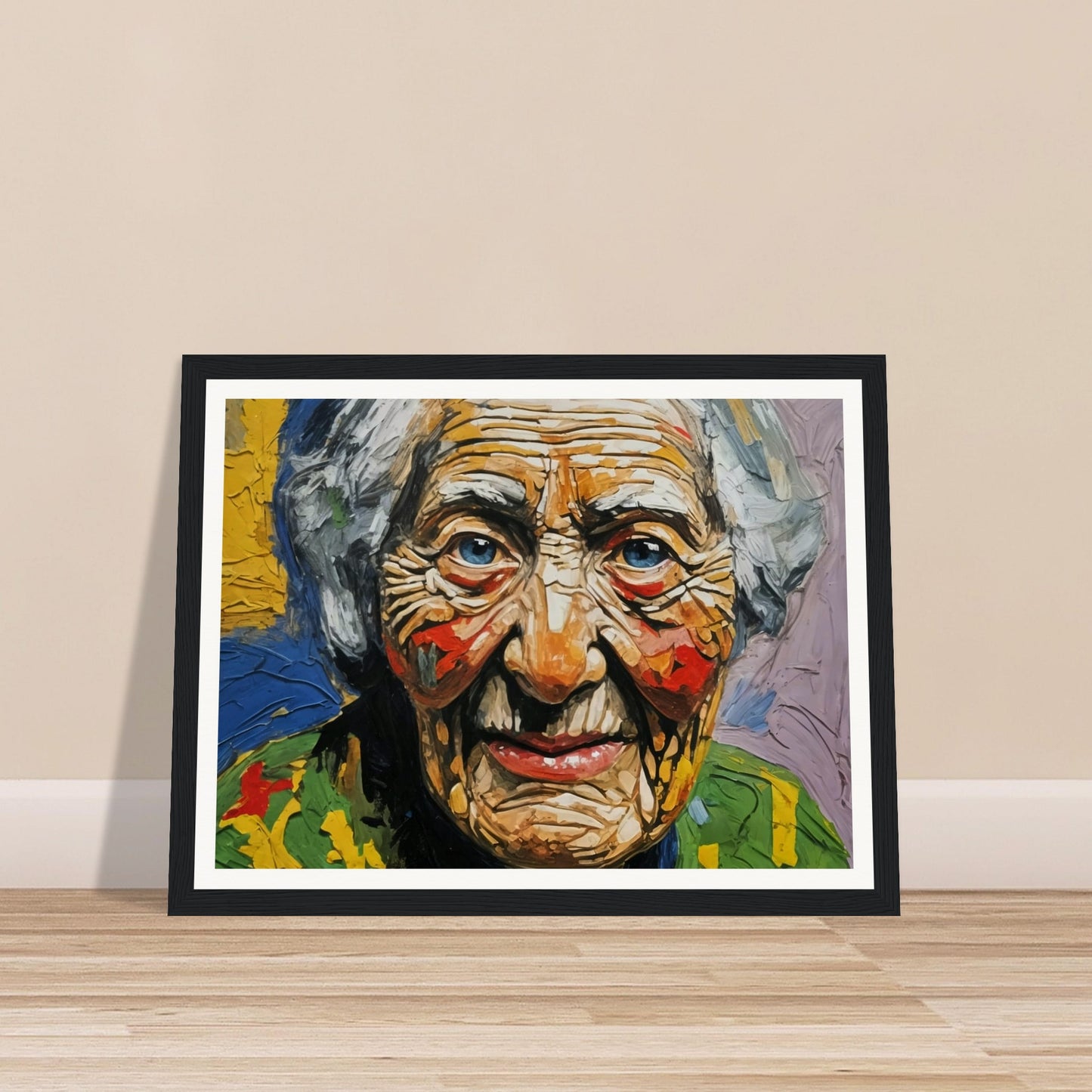 A vivid portrait of an elderly woman with expressive wrinkles and bright blue eyes, capturing the essence of a life well-lived through bold and textured brushstrokes.