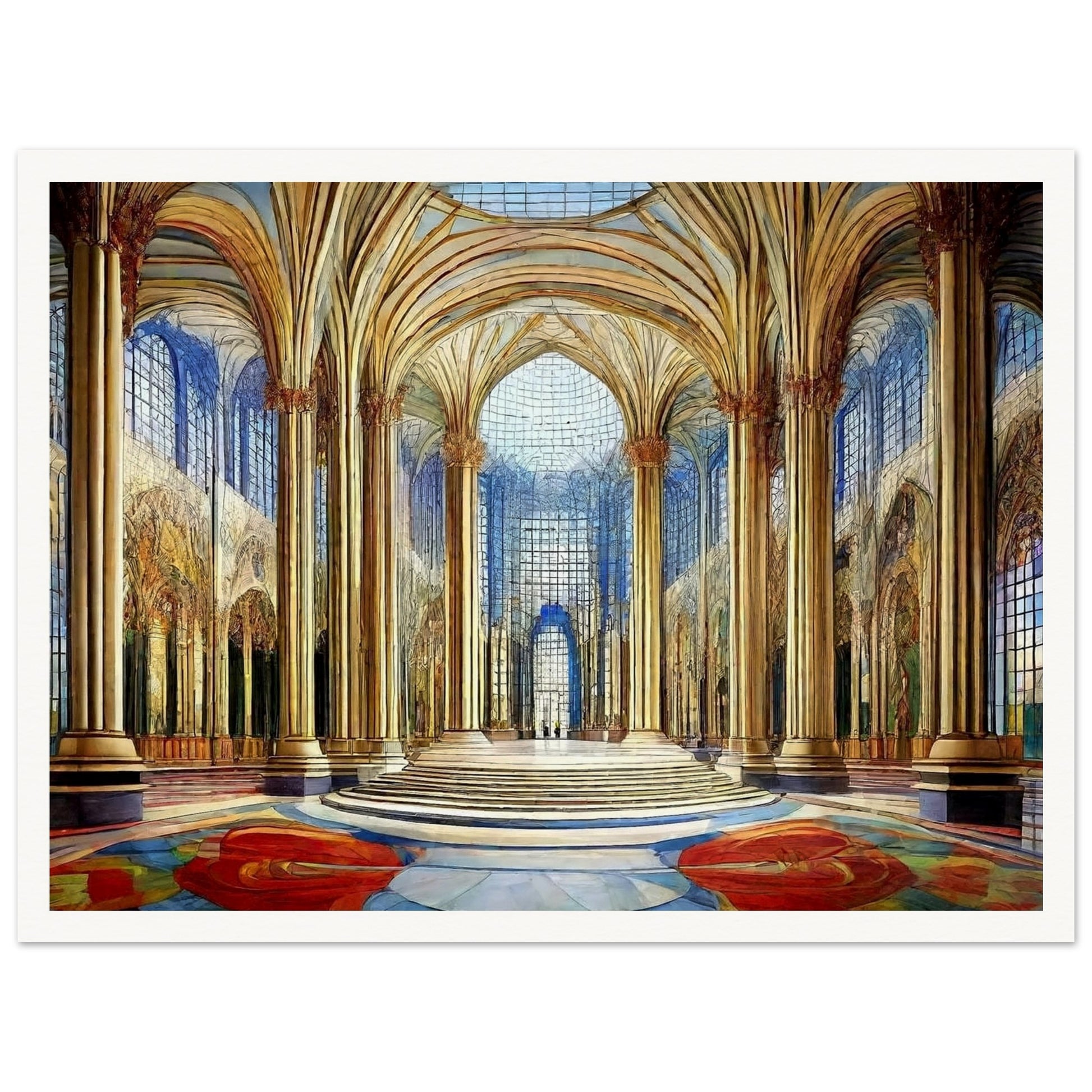 A grandiose hall with towering golden columns, intricate arched ceilings, and expansive windows that fill the space with light and color.