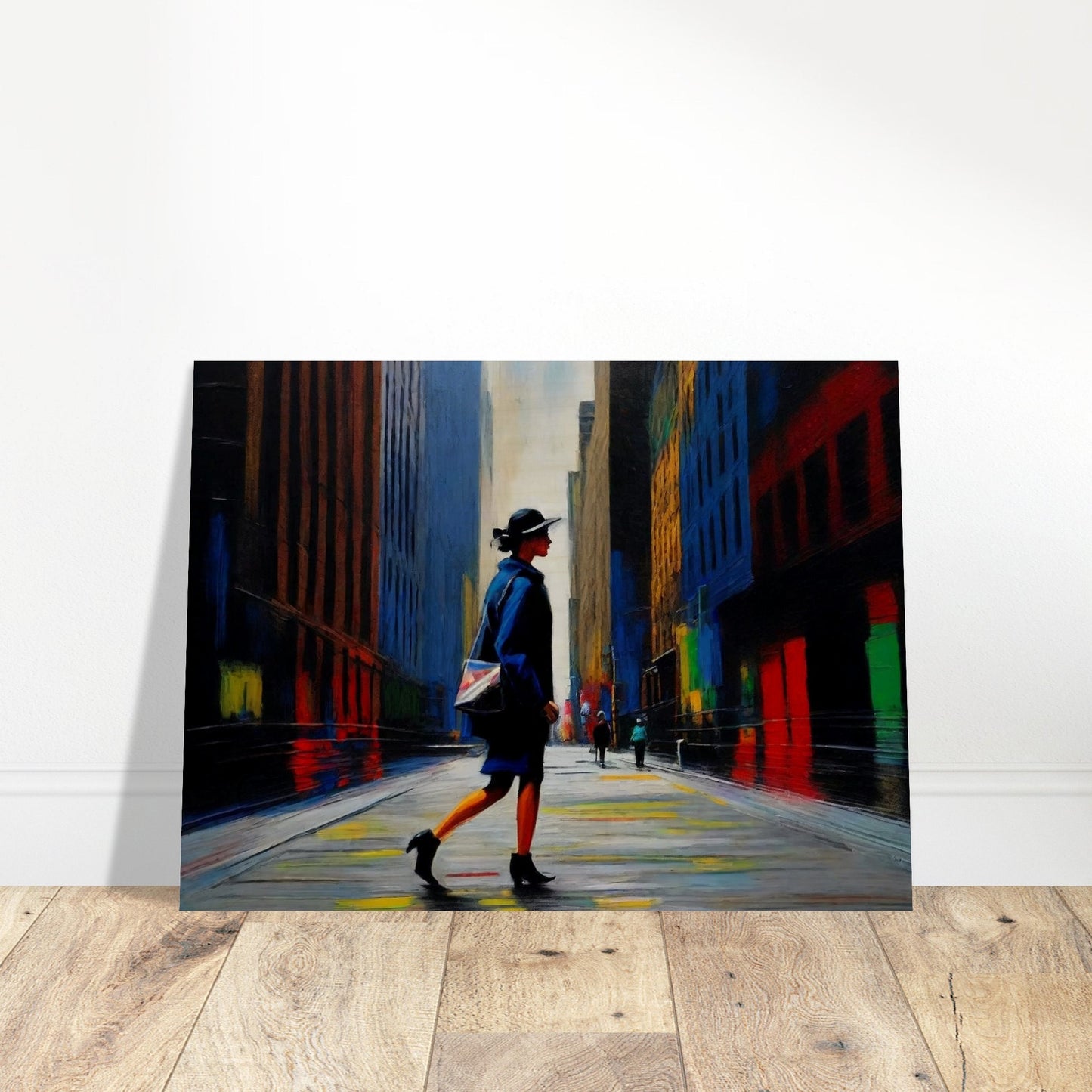 A vibrant painting of a woman walking through a colorful city street, with towering buildings and reflective surfaces.