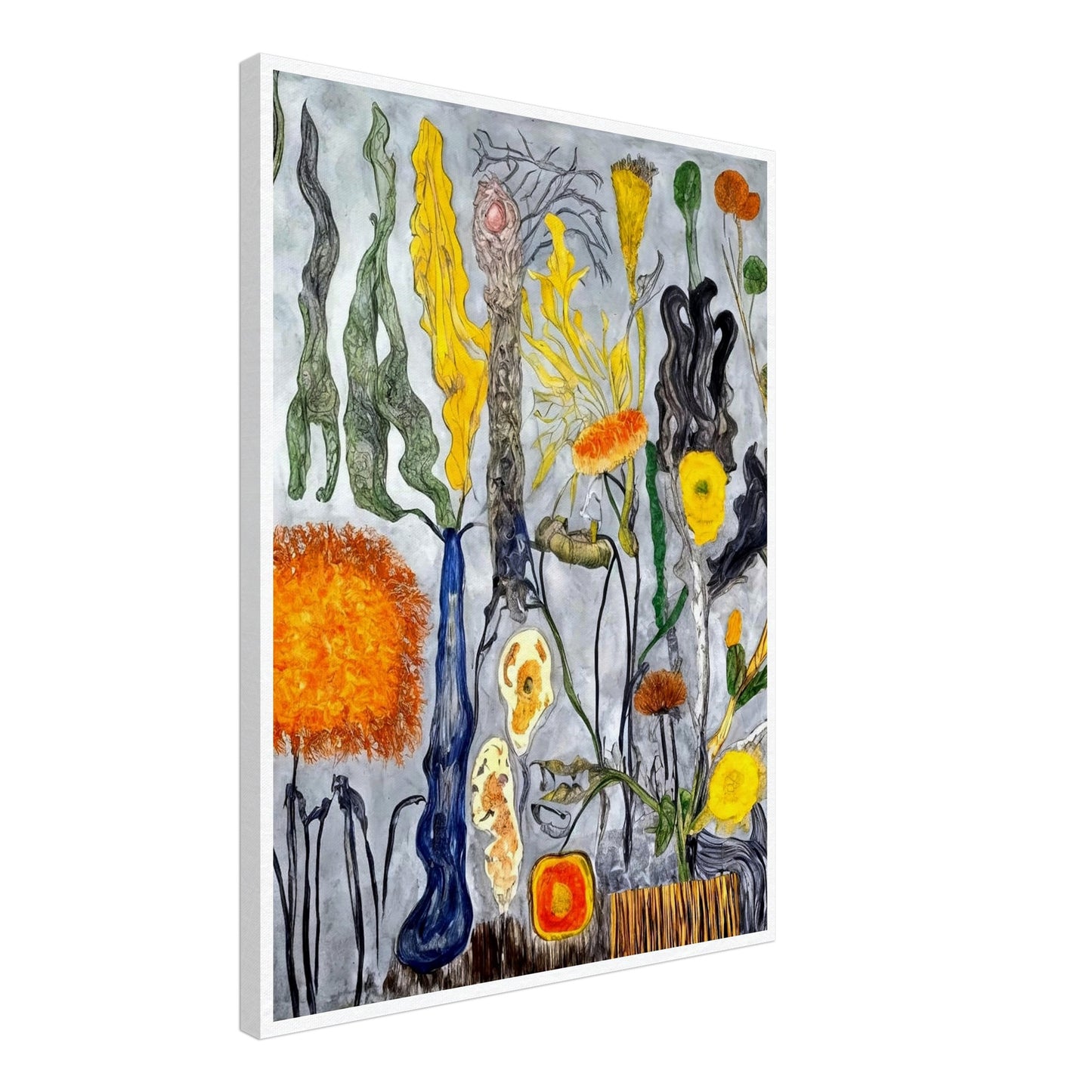 A surreal floral composition featuring abstract shapes and vibrant colors, with twisting, unusual stems and yellow, orange, and green flowers.