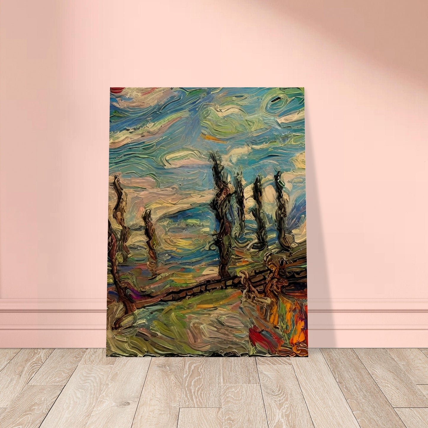 "An expressive and textured painting with swirling skies and windswept trees, full of dynamic brushstrokes in vibrant blues, greens, and earth tones."