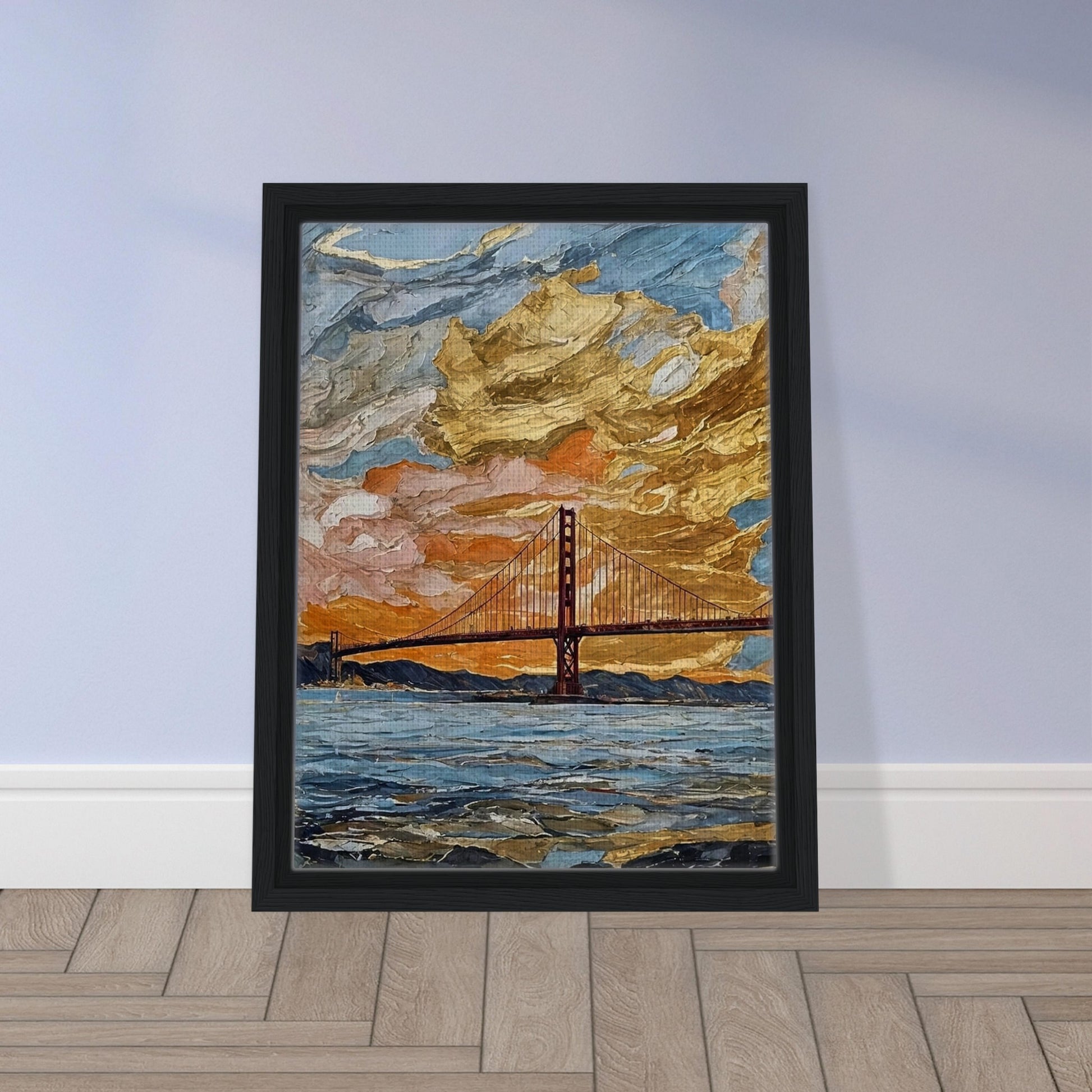 "A vibrant painting of a bridge at sunset, with dramatic golden clouds filling the sky and reflecting off the water below."