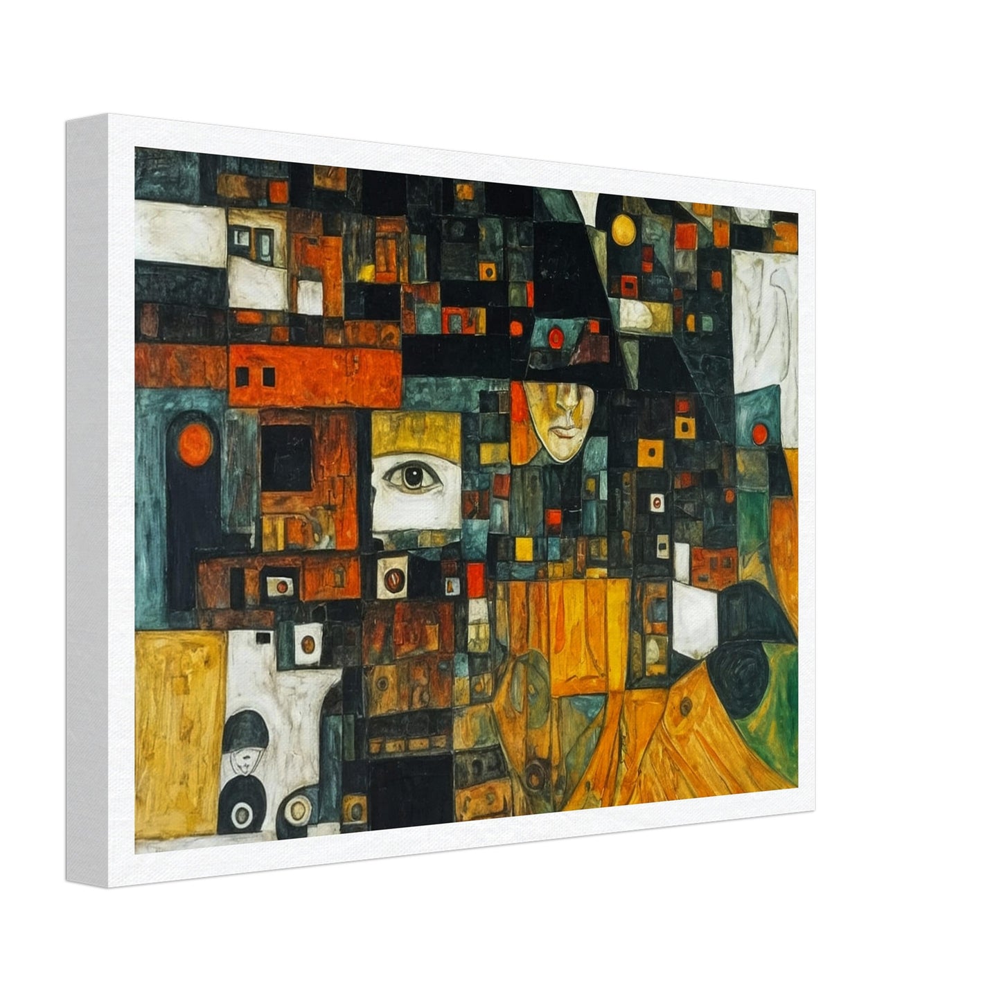 Complex and intriguing collage of fragmented faces and geometric patterns, revealing hidden layers of identity and emotion.