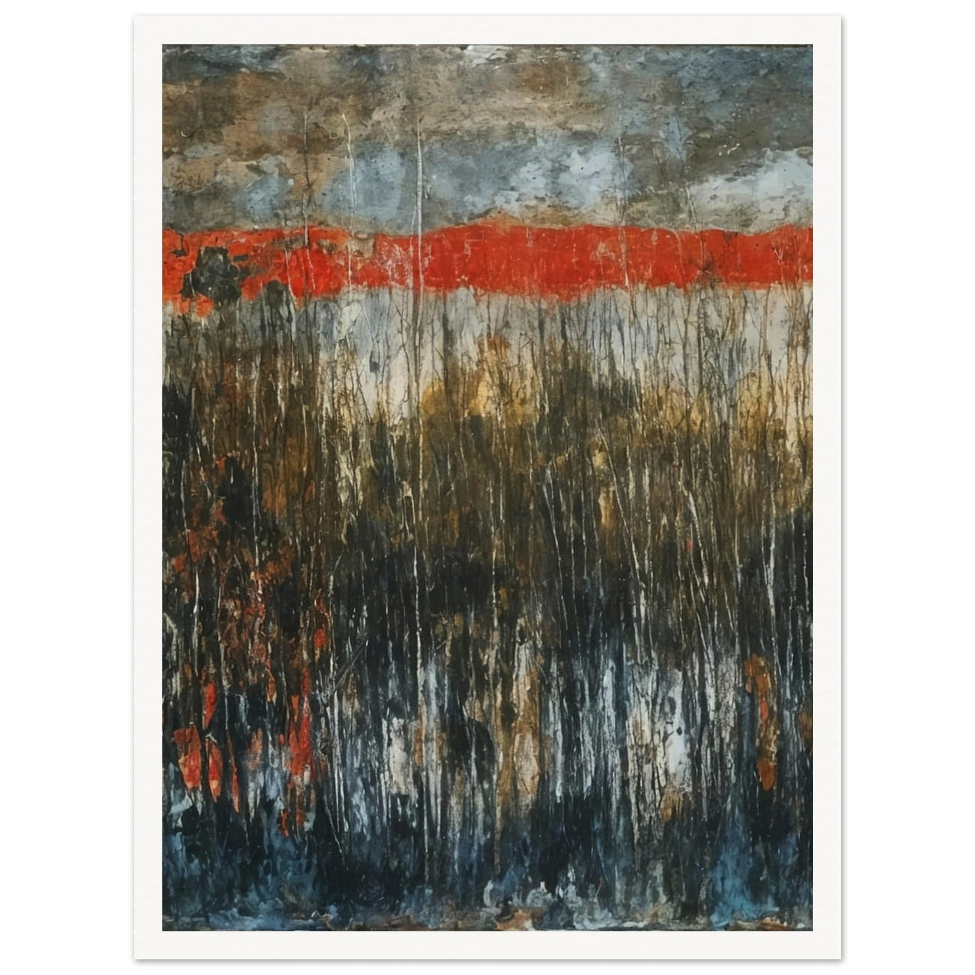 A captivating landscape with a vivid red horizon, contrasted by dark, misty foliage in the foreground, evoking a sense of mystery and drama.