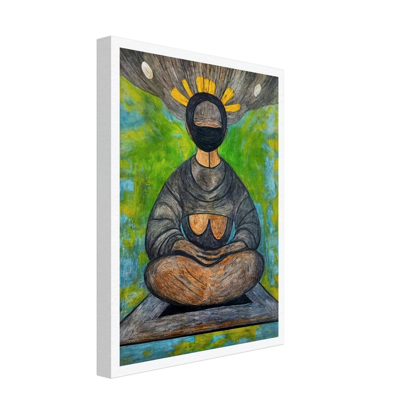 An abstract depiction of a meditative figure seated in a cross-legged position with a halo-like crown of yellow rays, set against a vibrant green and blue background, symbolizing tranquility and spiritual reflection.