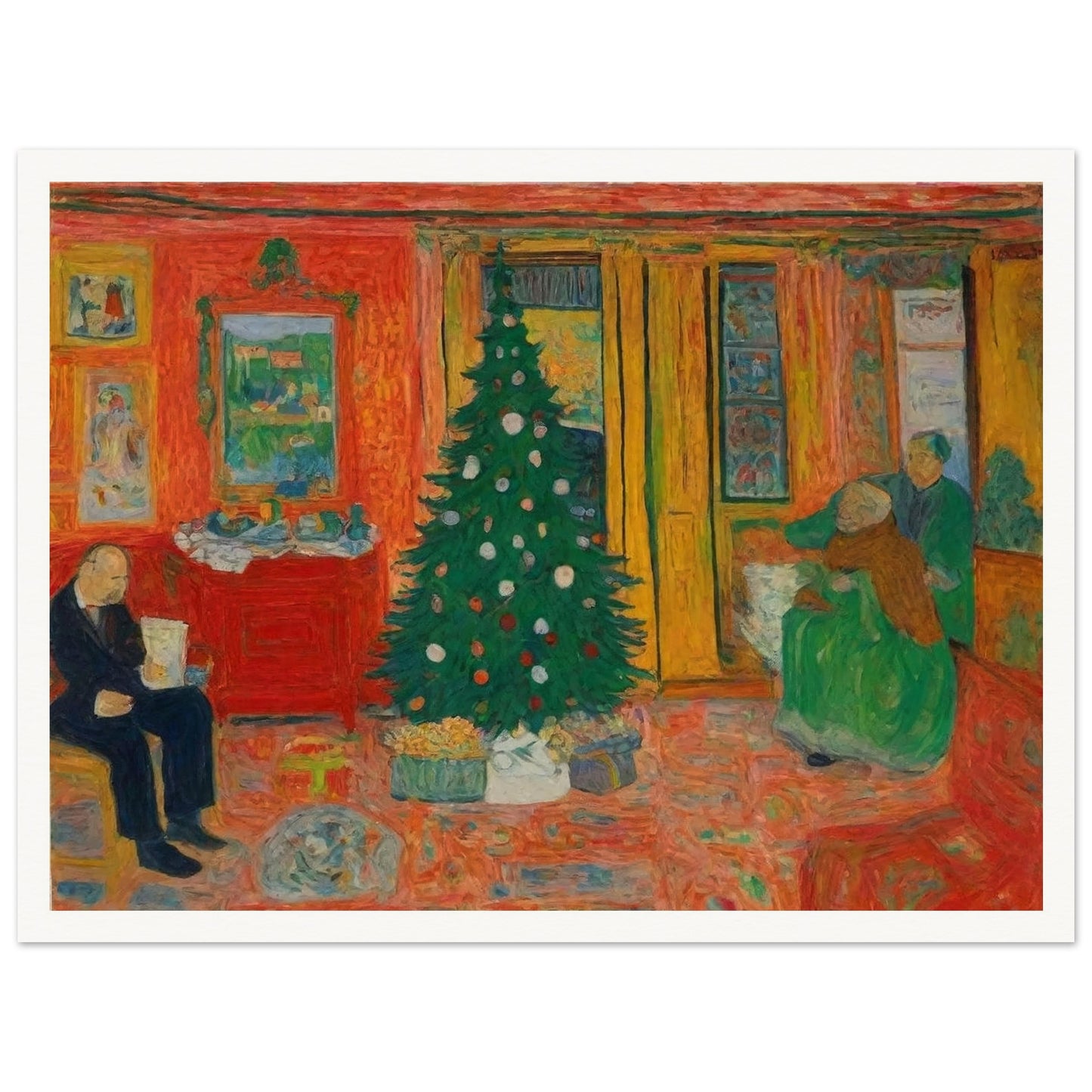 A colorful, cozy living room featuring a decorated Christmas tree, with family members preparing for the holiday in a warm and inviting atmosphere.