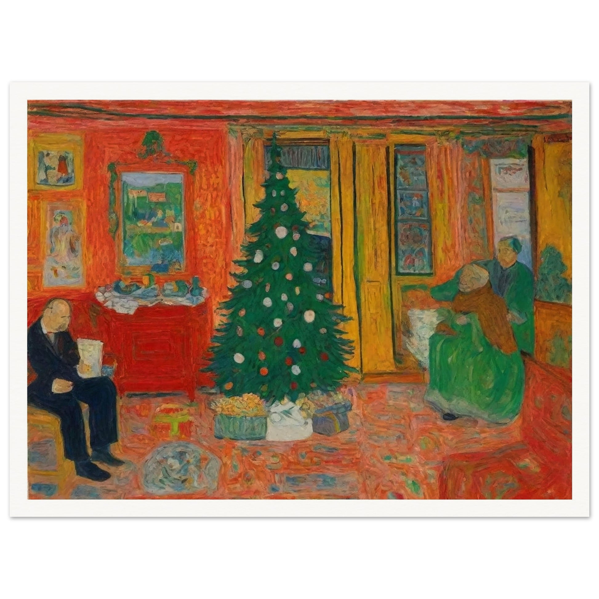A colorful, cozy living room featuring a decorated Christmas tree, with family members preparing for the holiday in a warm and inviting atmosphere.