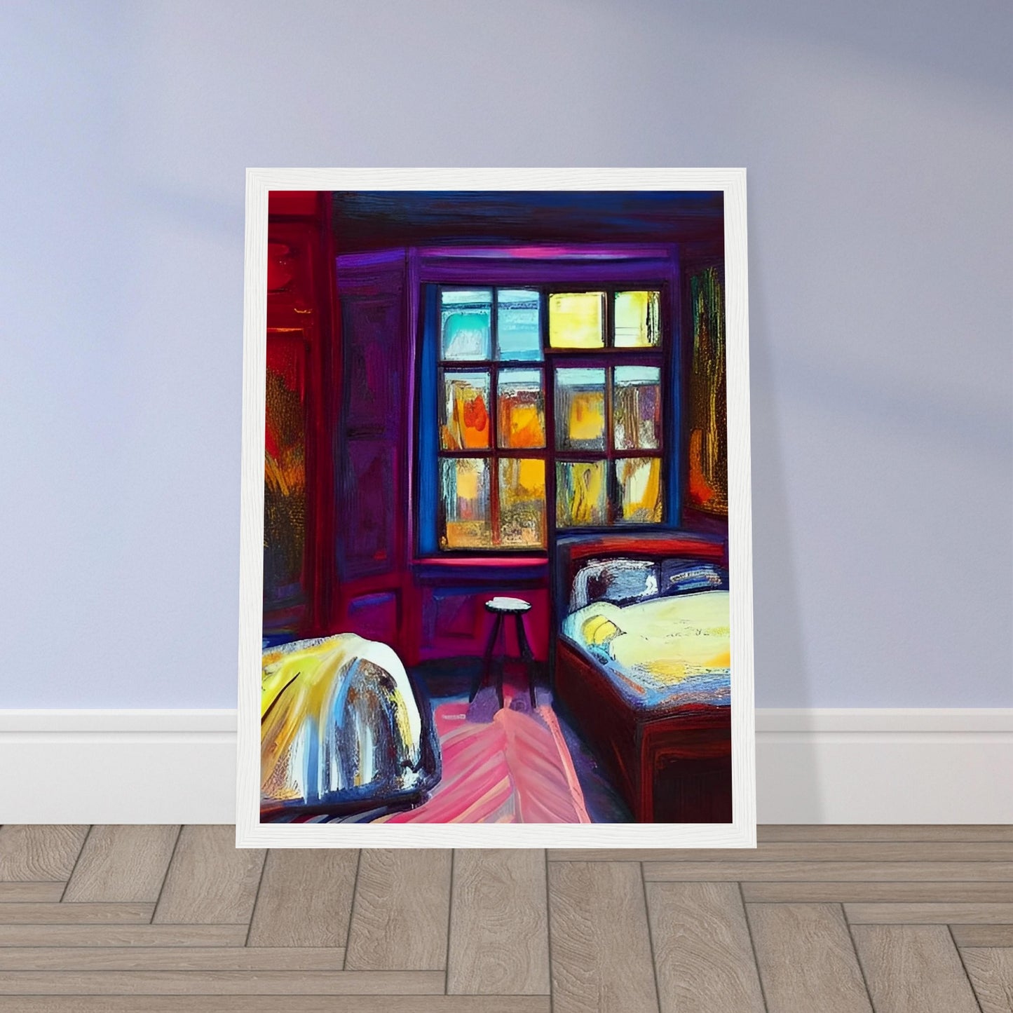 A vibrant painting of a bedroom illuminated by the warm glow of the evening light coming through a large window, casting colorful reflections on the walls and furniture