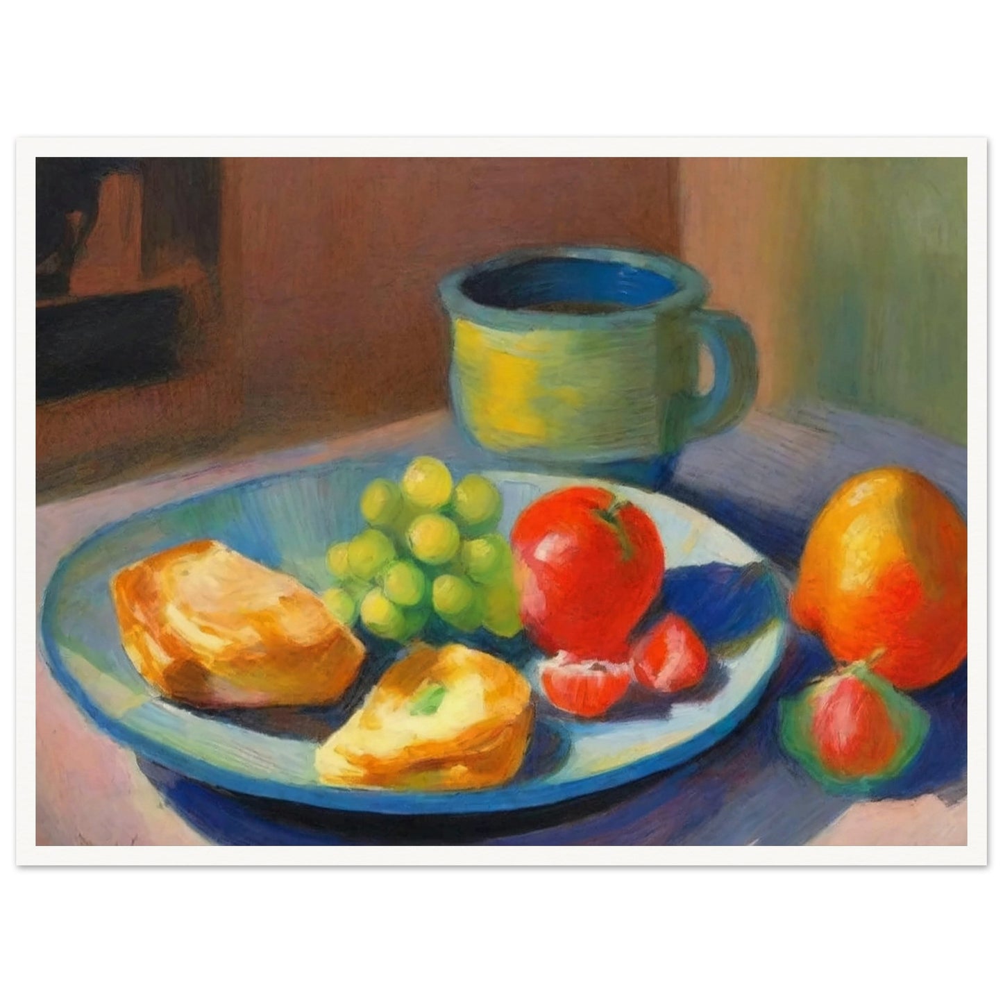 A still life painting featuring a breakfast plate with grapes, bread, and fruit beside a ceramic mug, bathed in soft morning light.