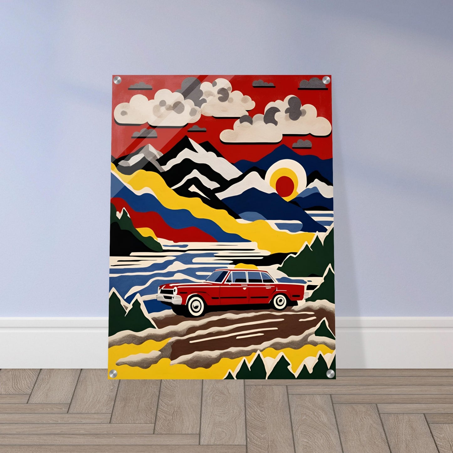 A vibrant, stylized painting of a classic red car driving through a colorful mountain landscape under a bold red sky with clouds and a setting sun.
