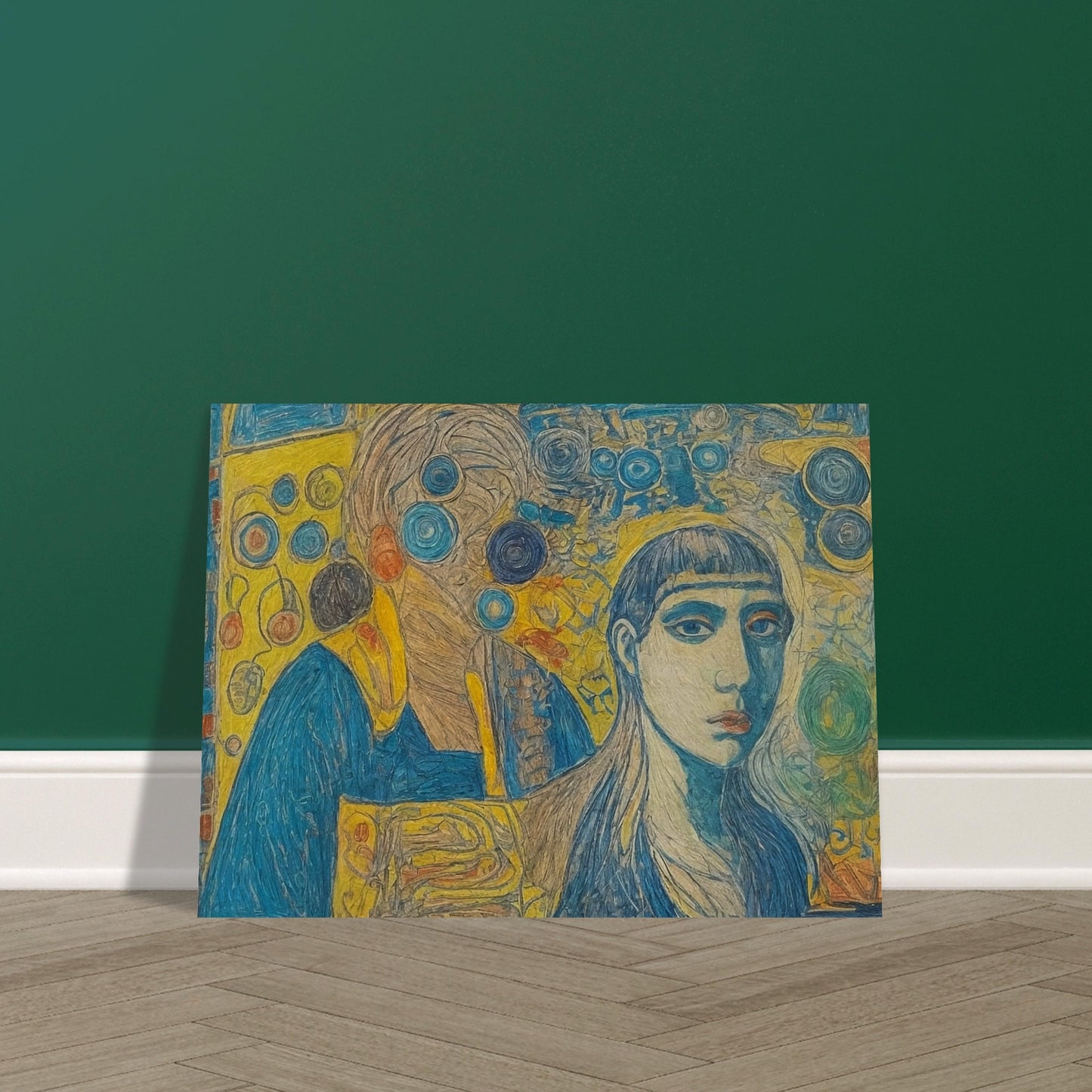 An intricate painting that merges vibrant abstract patterns with expressive human figures, portraying a deep connection between identities and surroundings.