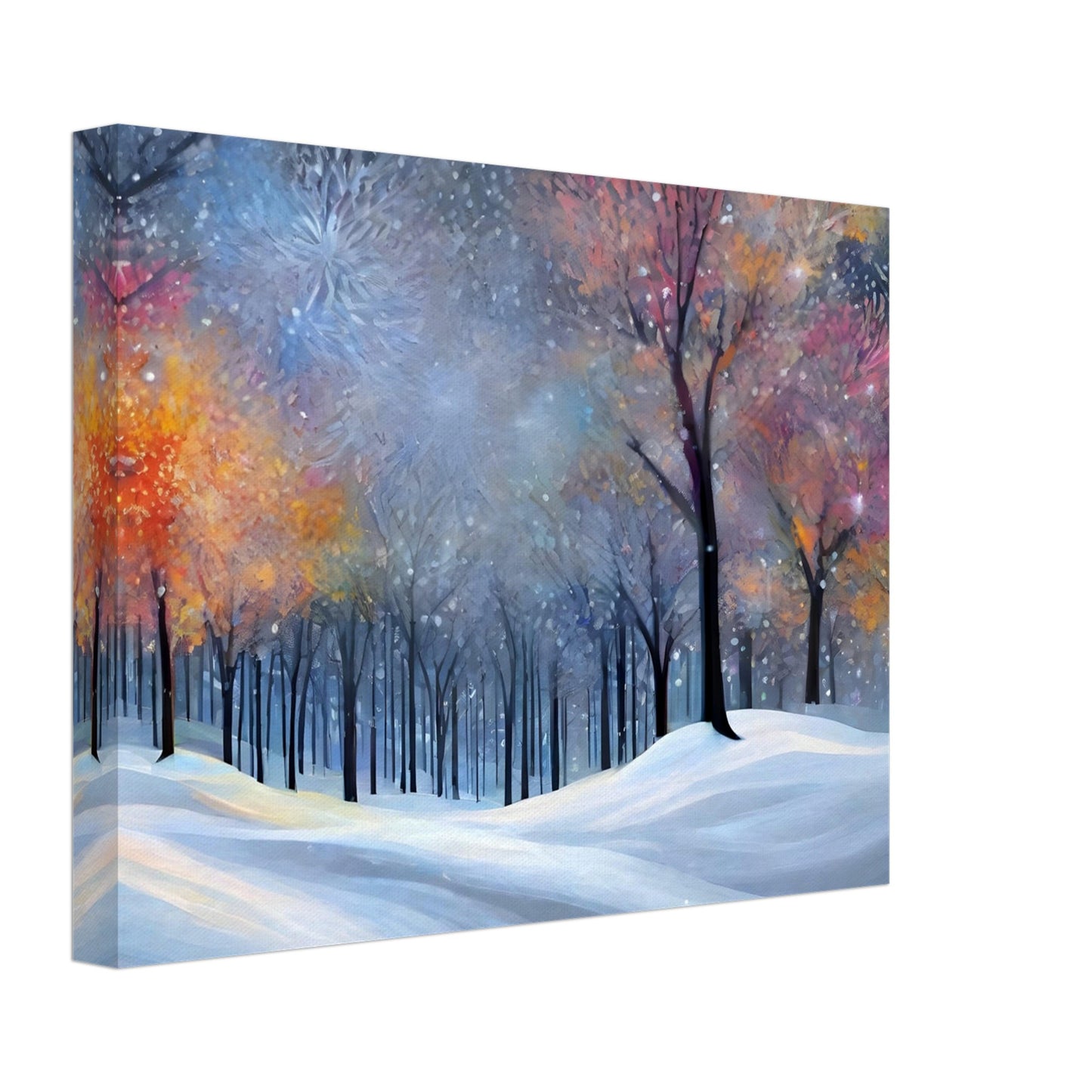 A magical winter forest with colorful, softly glowing trees covered in snow, surrounded by a serene snowfield under a shimmering twilight sky.