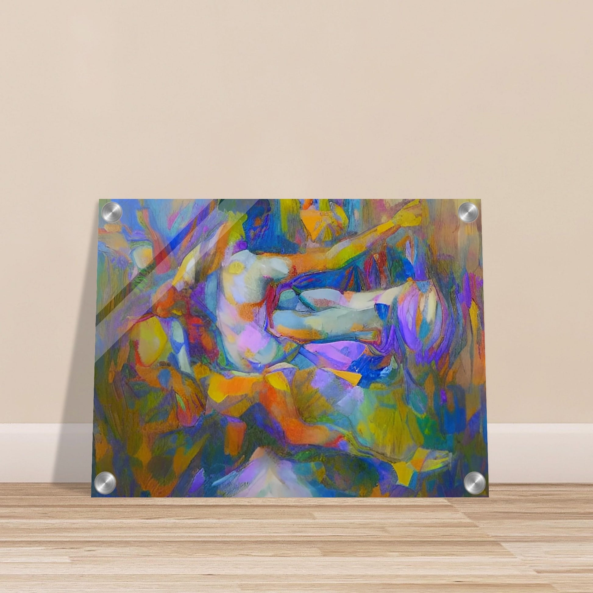 An abstract painting of human figures with vibrant, dynamic colors and forms creating a sense of movement and energy.