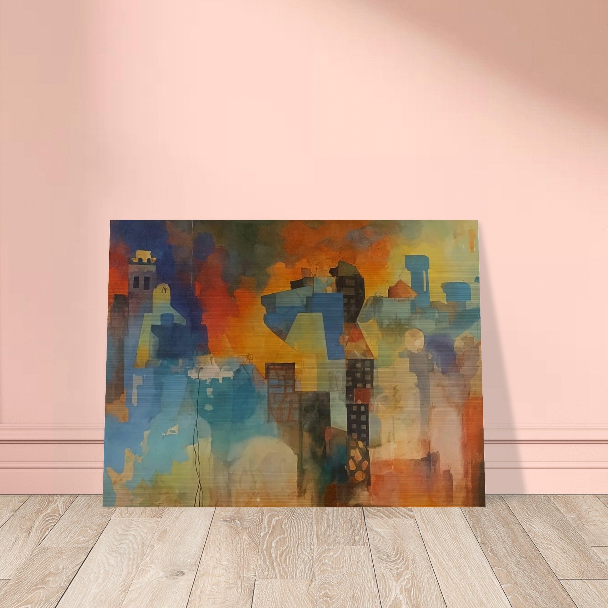 An abstract cityscape painting with a blend of vibrant colors and geometric shapes, illustrating a lively urban scene.
