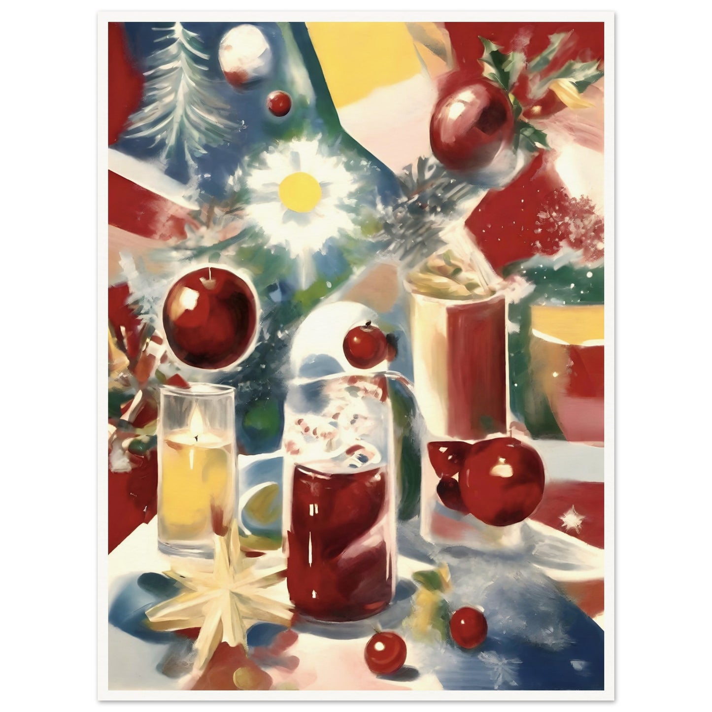 A festive still life featuring glasses of holiday drinks, vibrant red ornaments, holly leaves, and glowing candles on a colorful background.