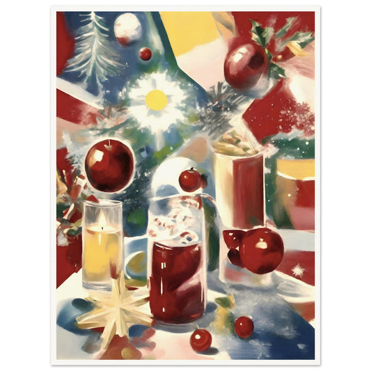 A festive still life featuring glasses of holiday drinks, vibrant red ornaments, holly leaves, and glowing candles on a colorful background.